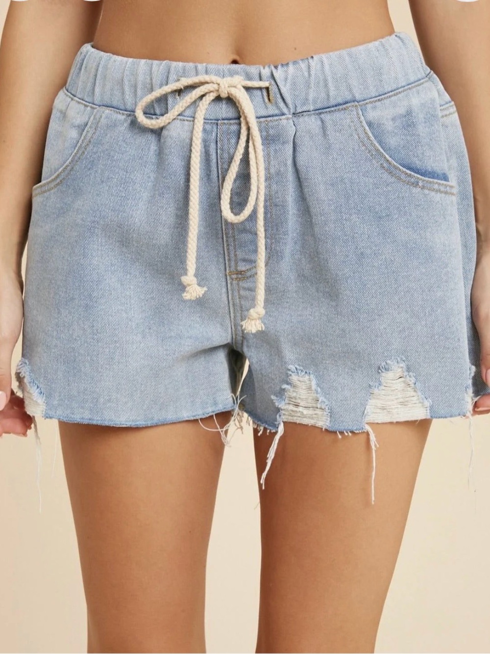 Light Blue Distressed Denim Drawstring Shorts